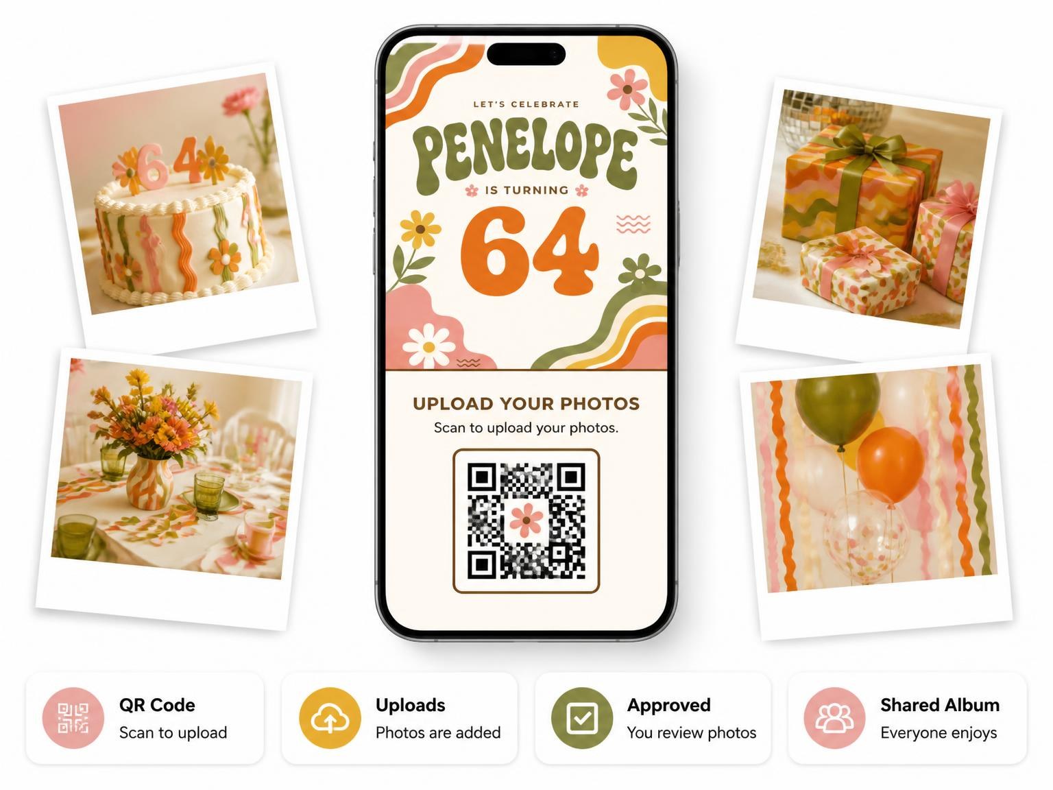 The shared photo gallery that comes with the Groovy Retro 64th Birthday Invitation invitation