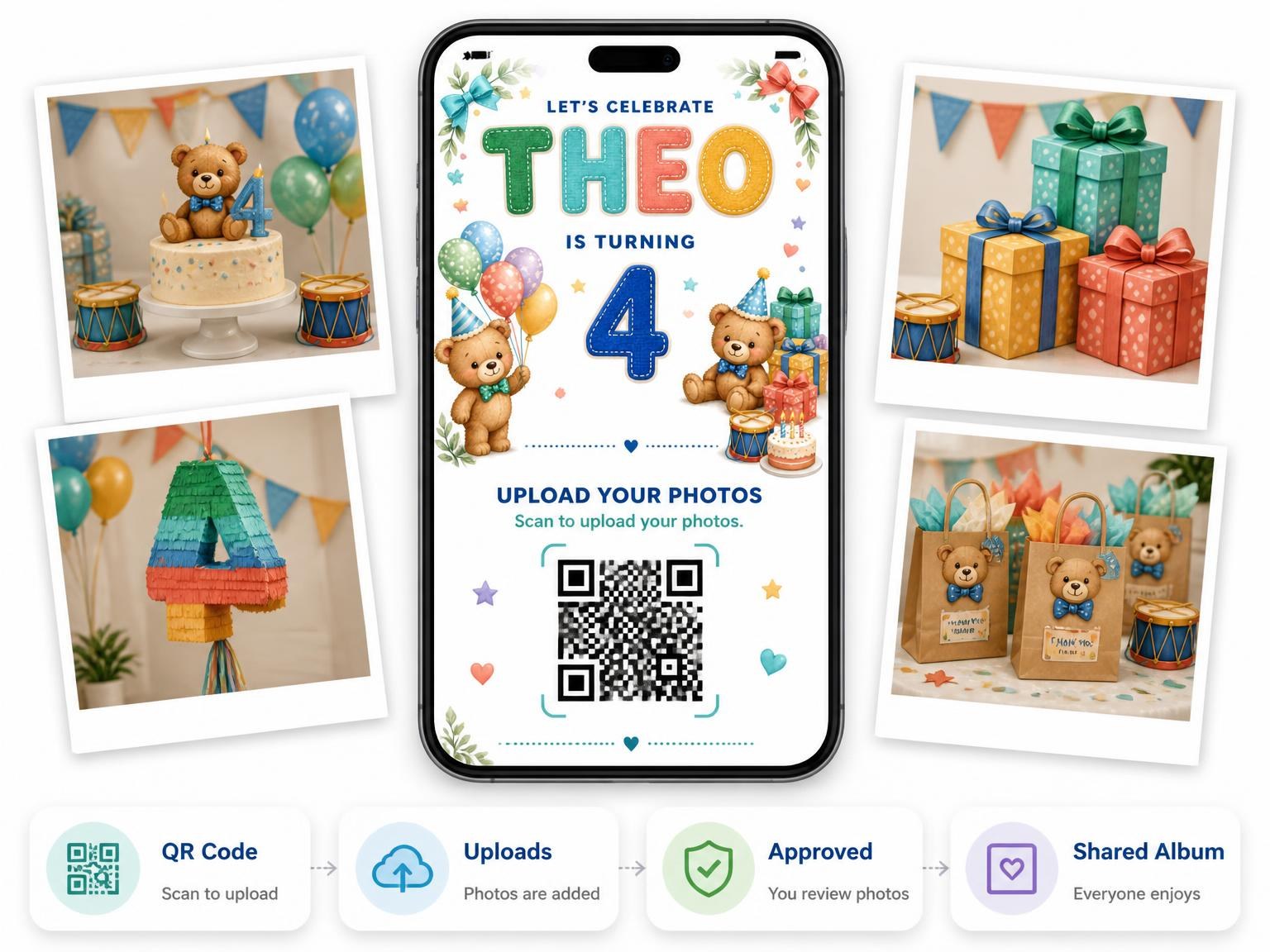 The shared photo gallery that comes with the Stitched Teddy Bear 4th Birthday Invitation invitation