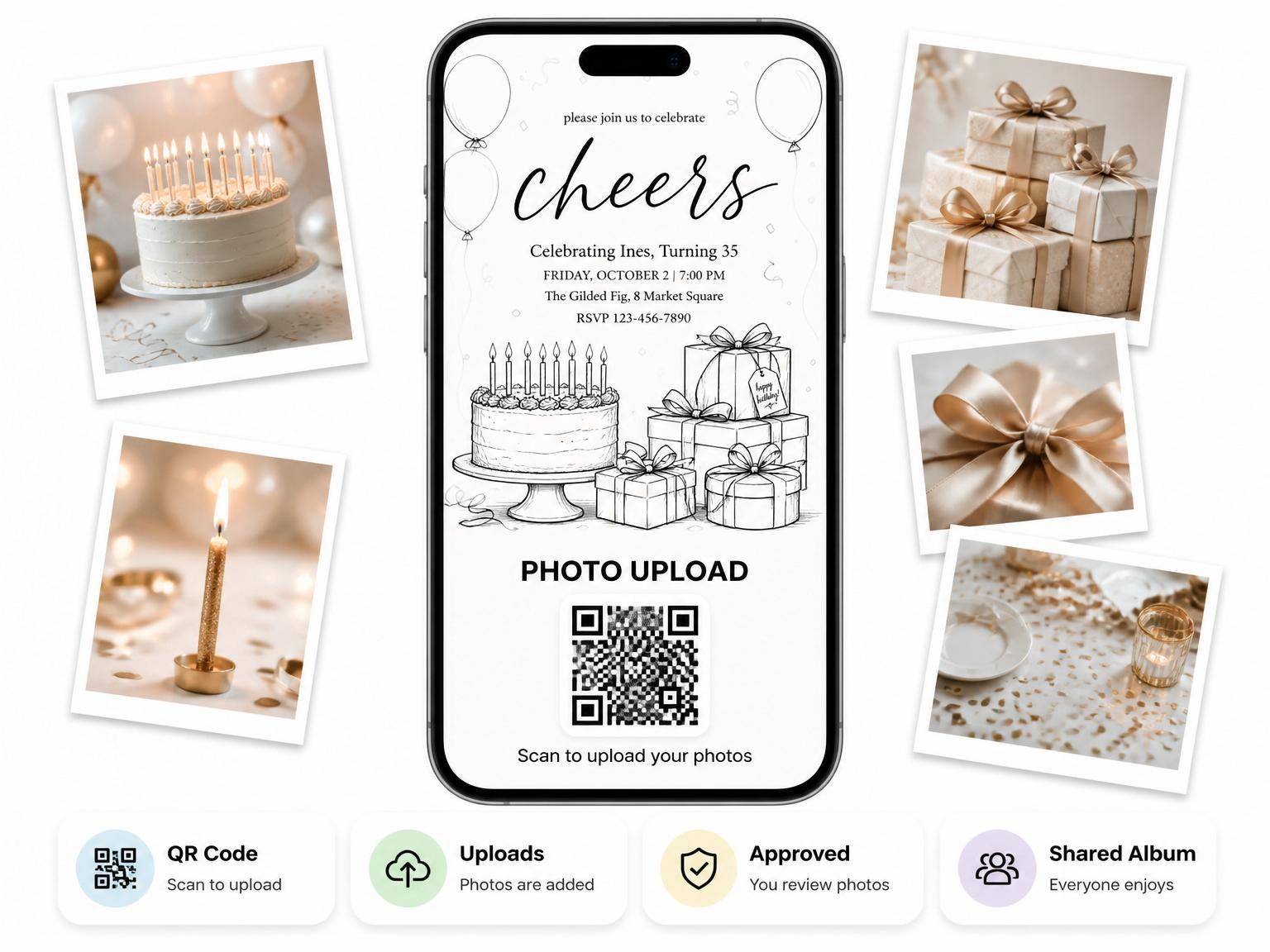 The shared photo gallery that comes with the Minimalist Black-Ink Line Art 35th Birthday invitation