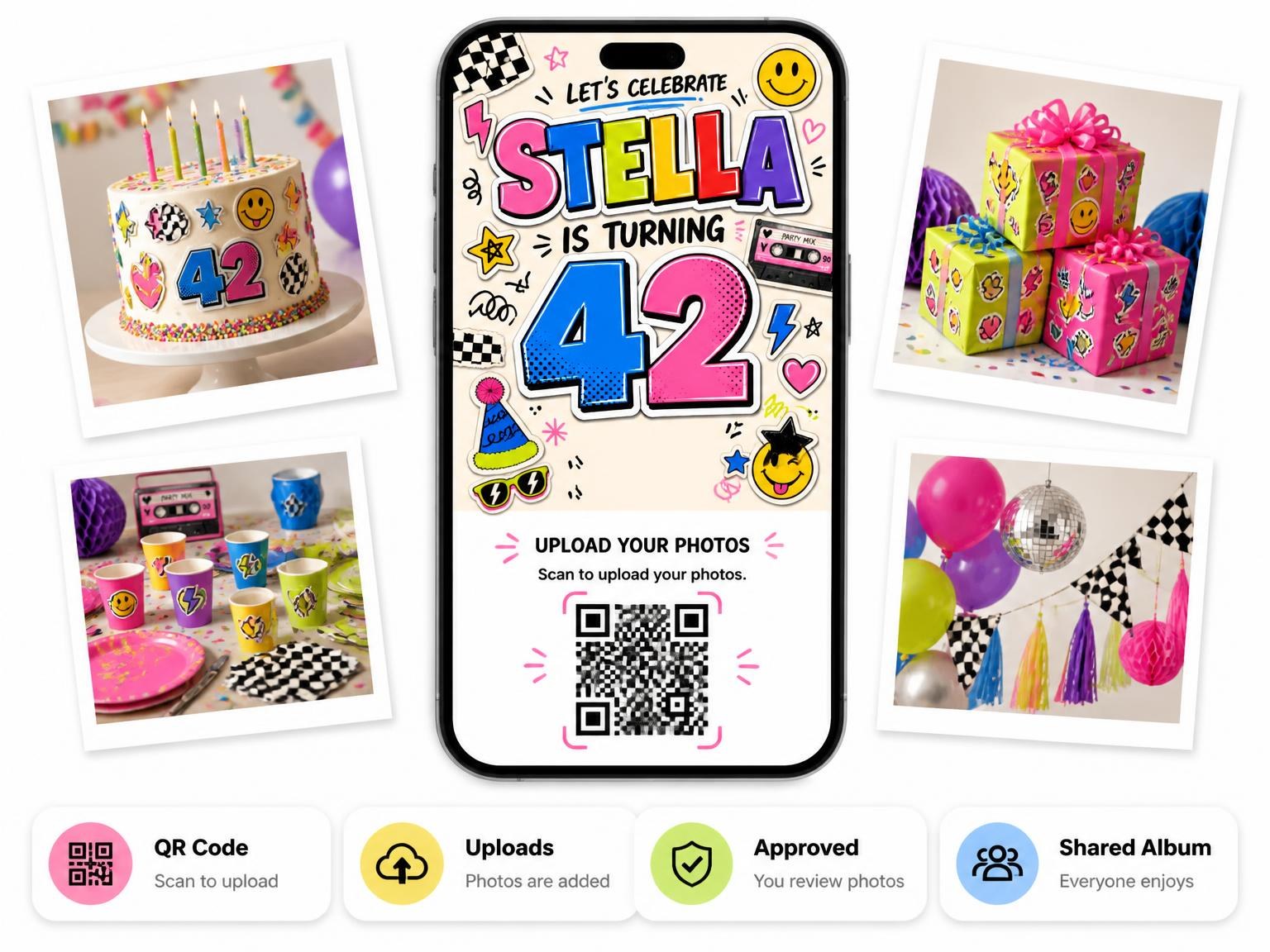 The shared photo gallery that comes with the Sticker Pop 42nd Birthday Invitation invitation