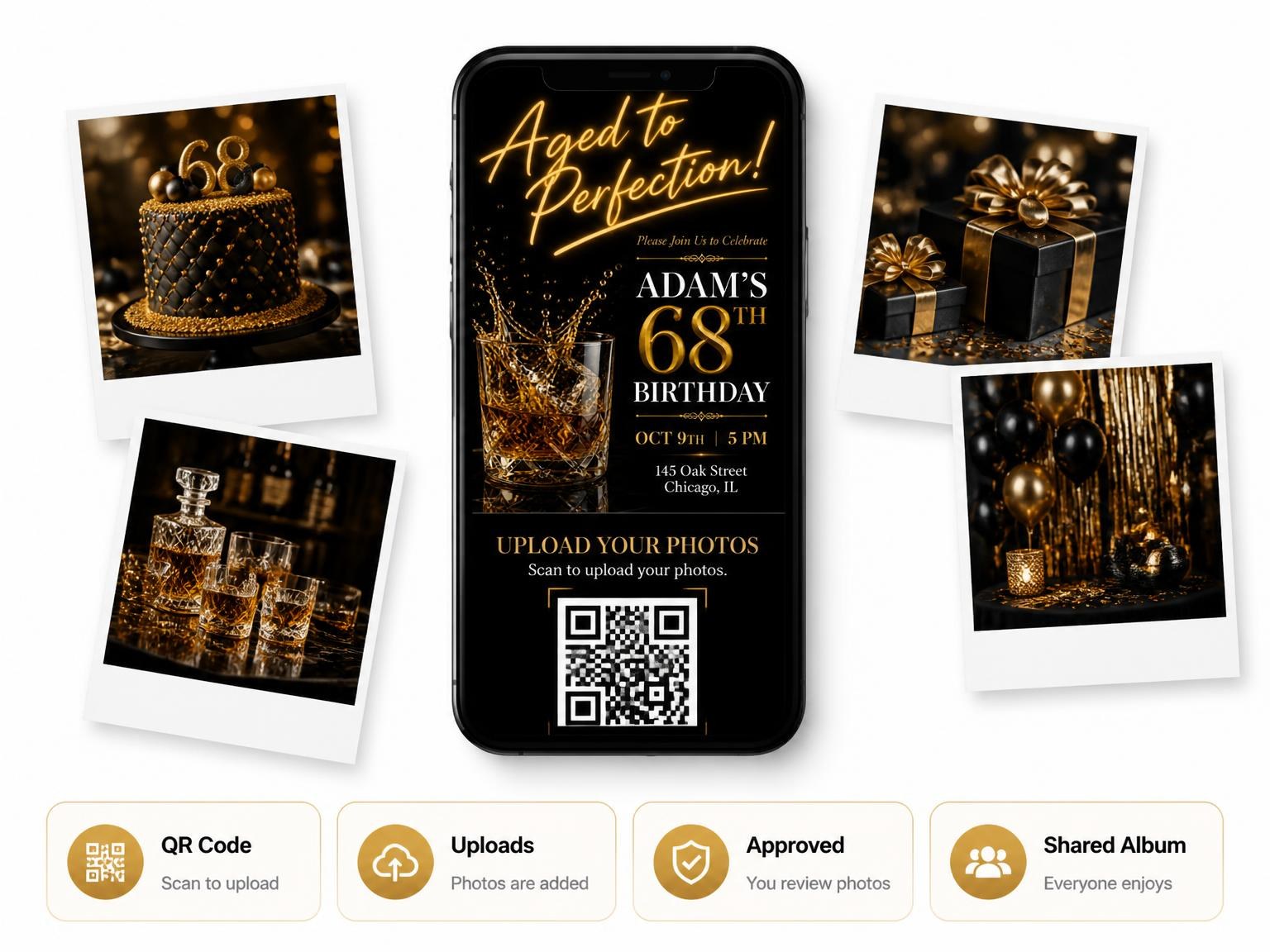 The shared photo gallery that comes with the Whiskey Glass 68th Birthday Invitation invitation