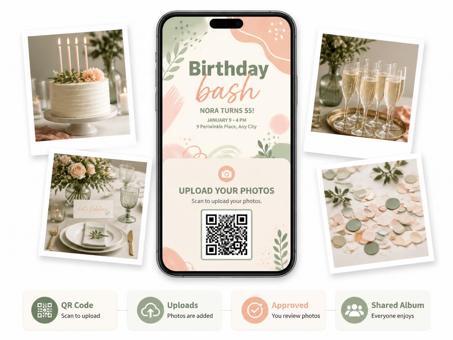 The shared photo gallery that comes with the Sage and Coral Abstract Birthday invitation