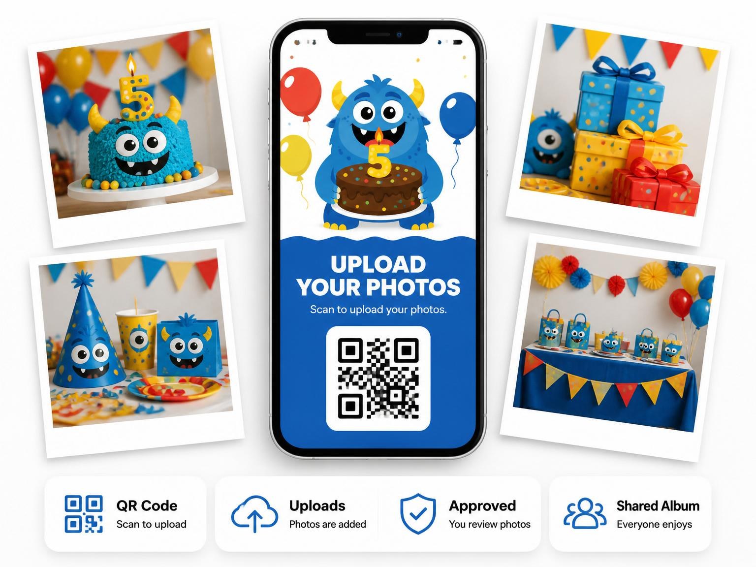 The shared photo gallery that comes with the Blue Monster 5th Birthday Invitation invitation