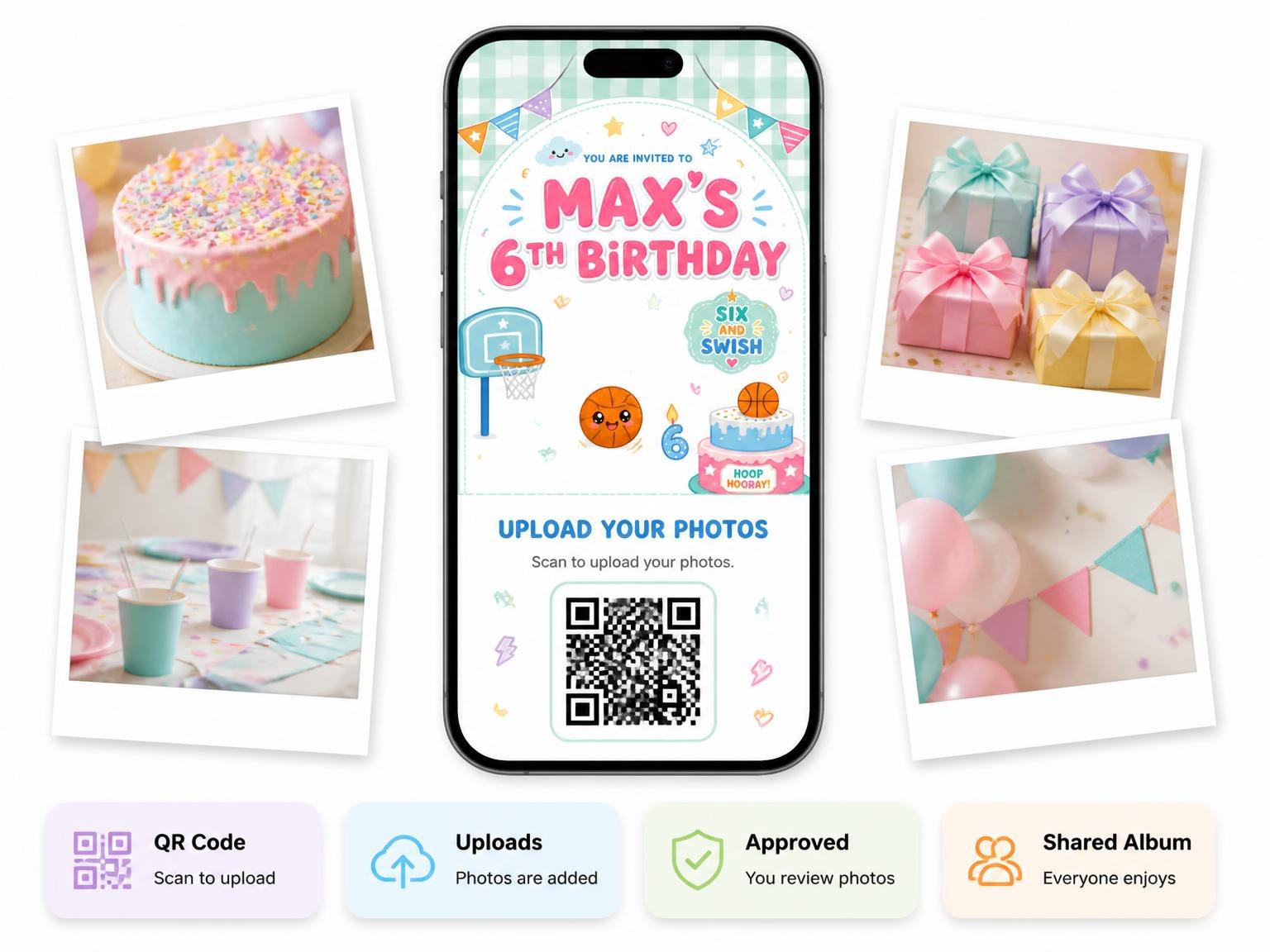 The shared photo gallery that comes with the Kawaii Basketball 6th Birthday Invitation invitation