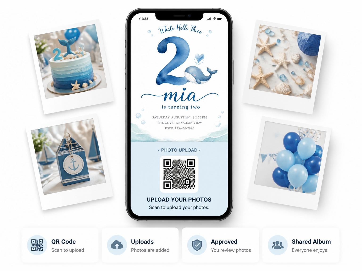 The shared photo gallery that comes with the Blue Watercolor Whale 2nd Birthday invitation