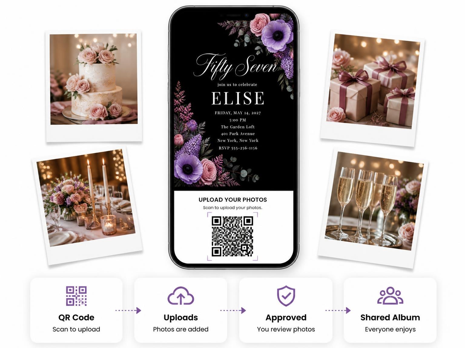The shared photo gallery that comes with the Black Floral 57th Birthday Invitation invitation