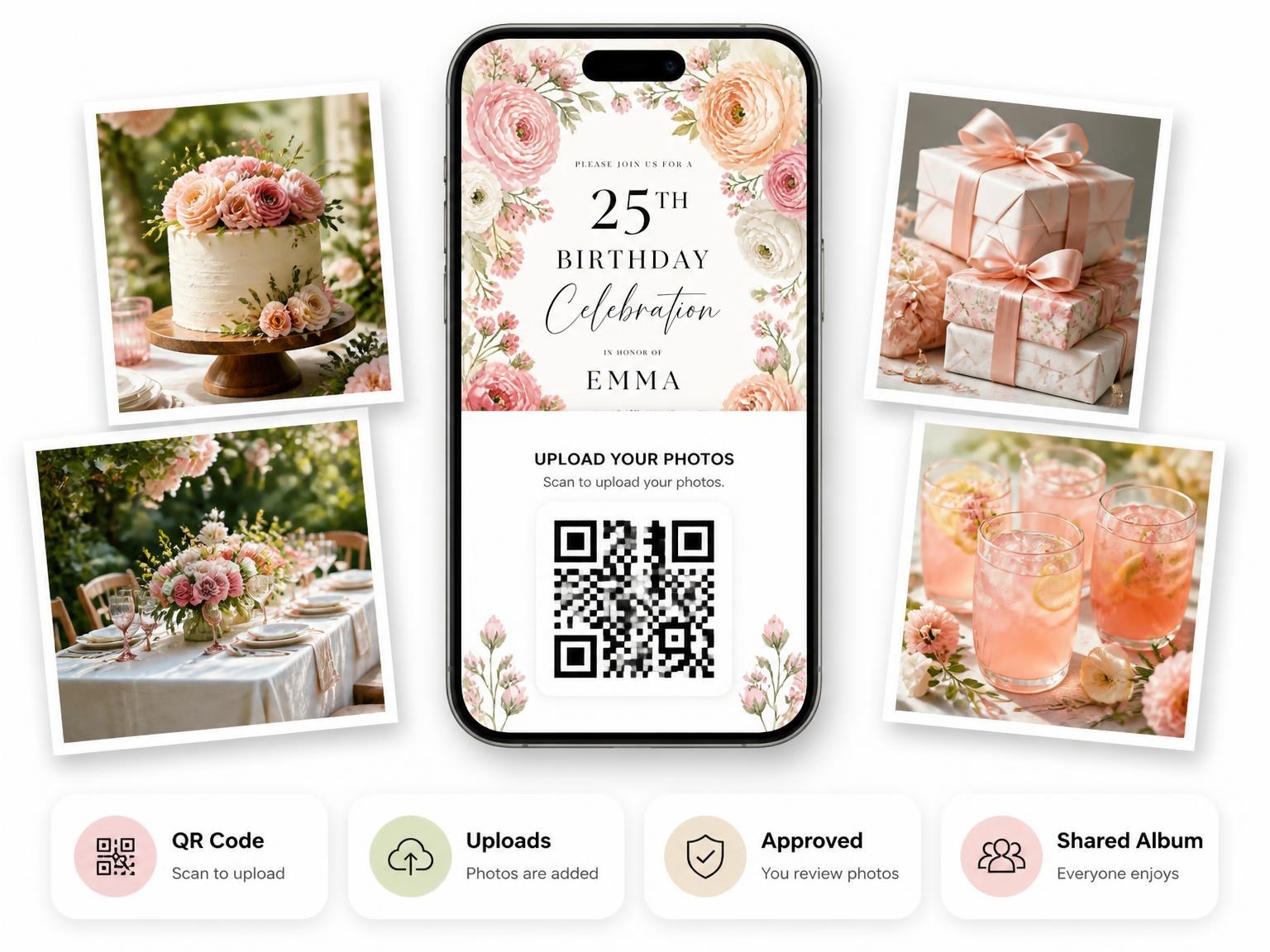 The shared photo gallery that comes with the Ranunculus Wreath Blush 25th Birthday Invitation invitation