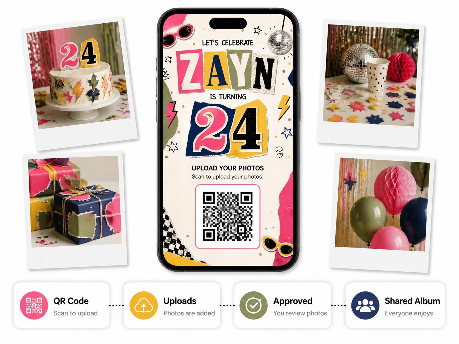 The shared photo gallery that comes with the Retro Paper Collage 24th Birthday Invitation invitation