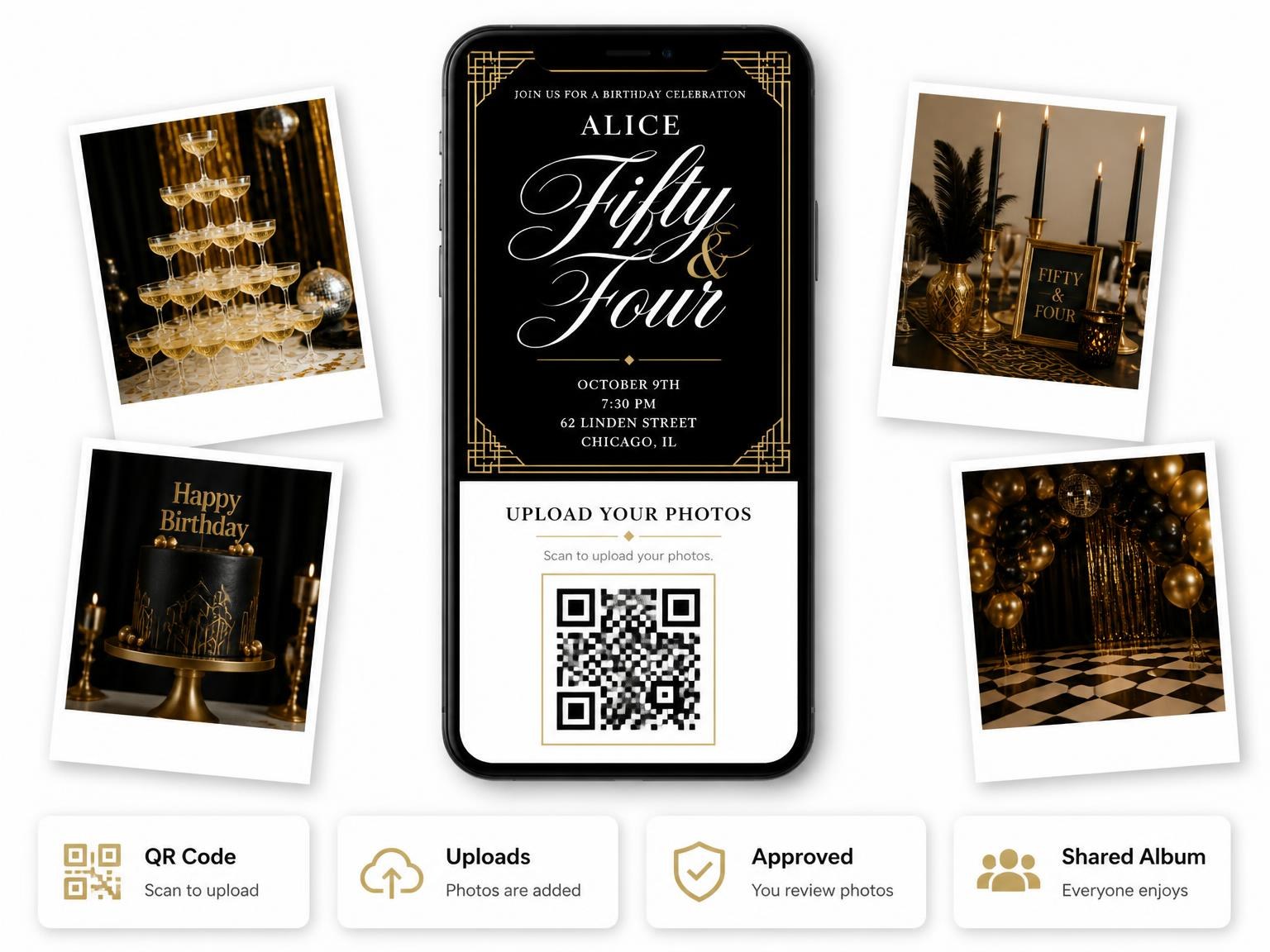 The shared photo gallery that comes with the Art Deco 54th Birthday Invitation invitation
