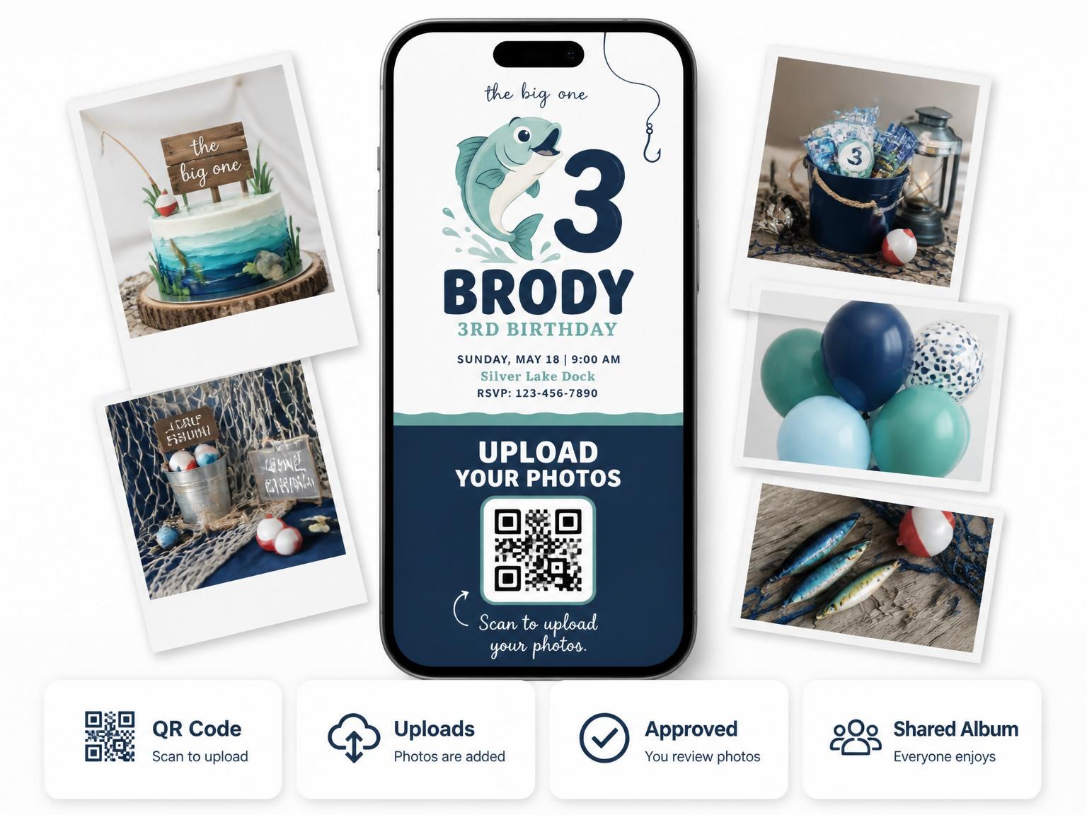 The shared photo gallery that comes with the Blue Lake Fishing 3rd Birthday invitation