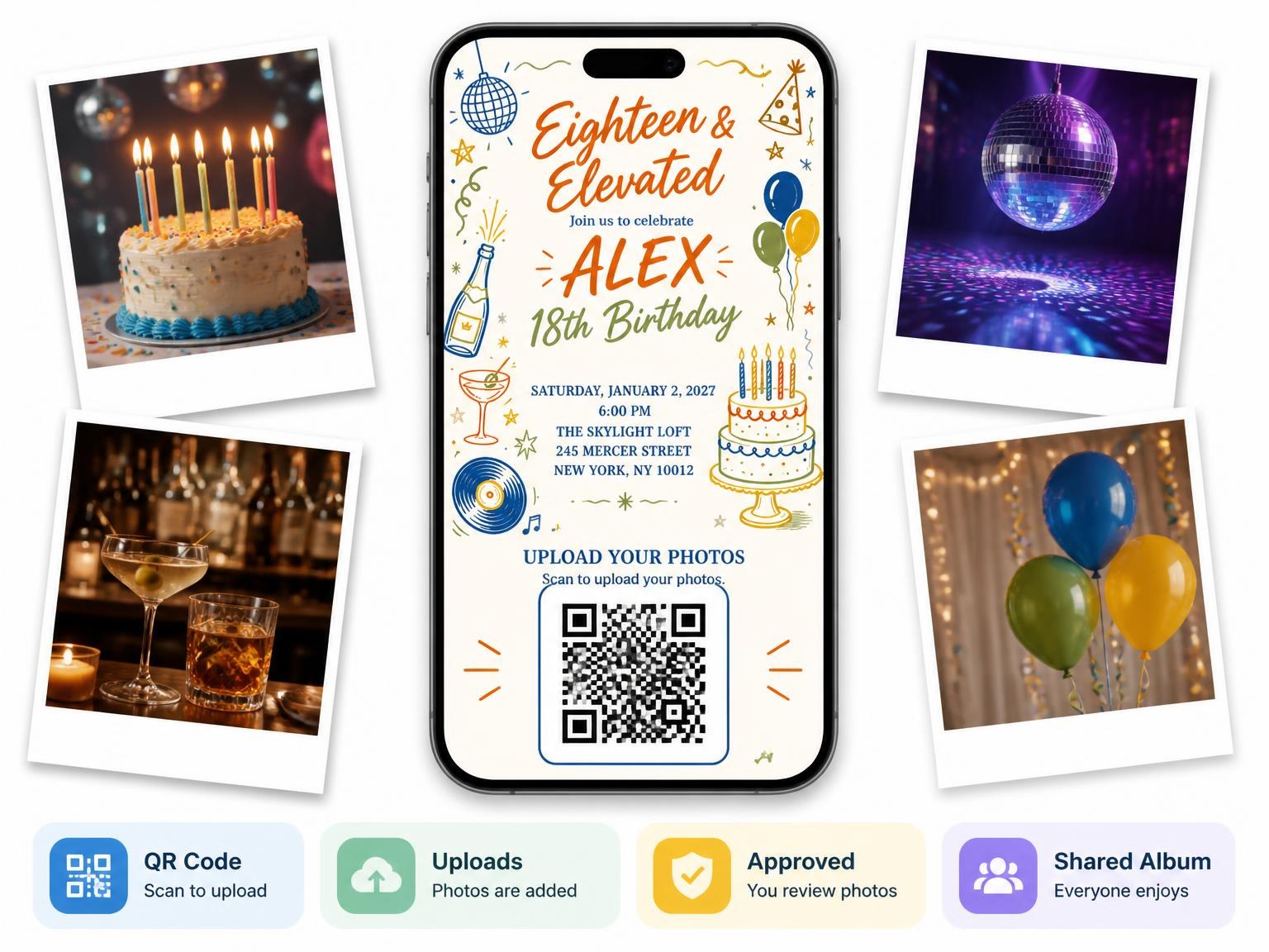 The shared photo gallery that comes with the Retro Doodle 18th Birthday Invitation invitation
