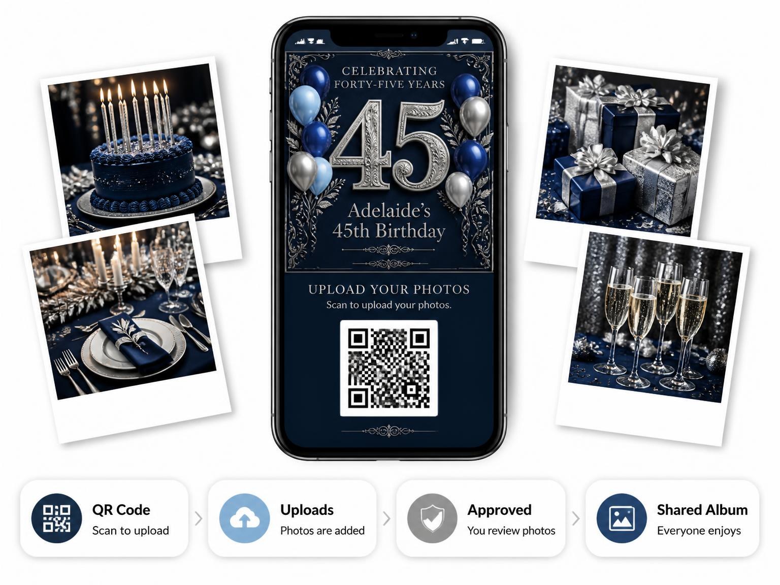 The shared photo gallery that comes with the Navy and Silver 45th Birthday Invitation invitation