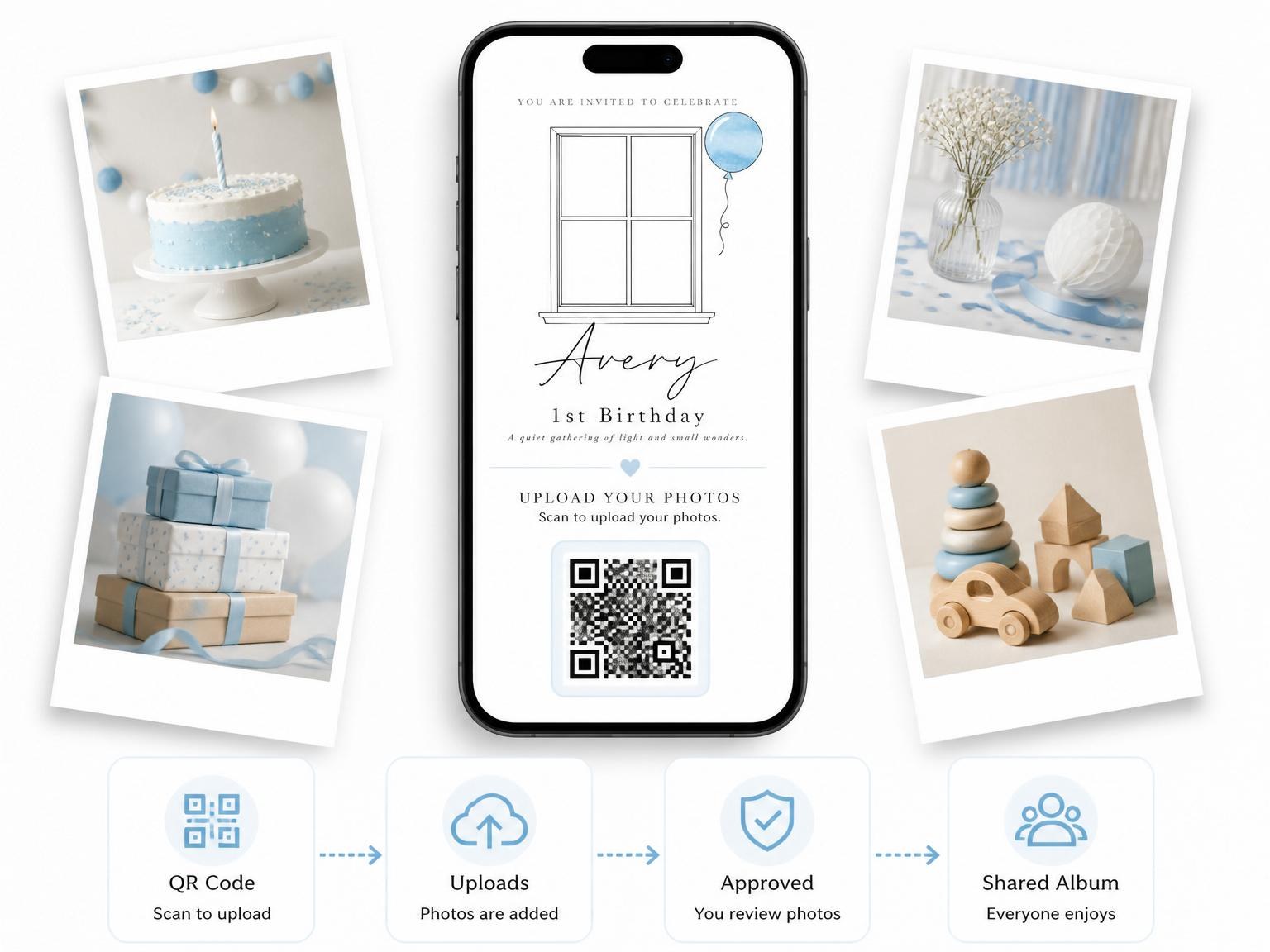 The shared photo gallery that comes with the Balloon 1st Birthday Invitation invitation