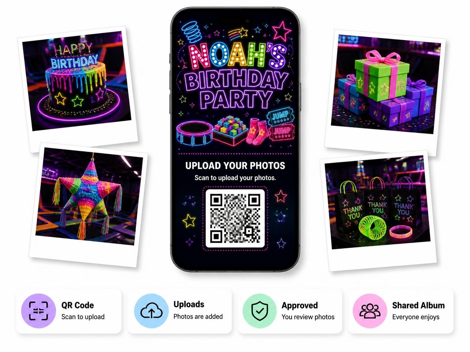 The shared photo gallery that comes with the Neon Trampoline 6th Birthday Invitation invitation