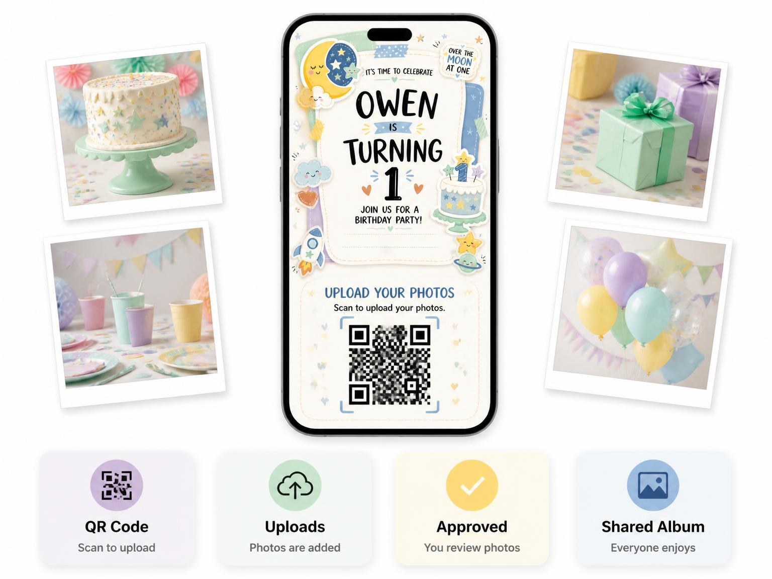 The shared photo gallery that comes with the Crescent Moon Pastel 1st Birthday Invitation invitation