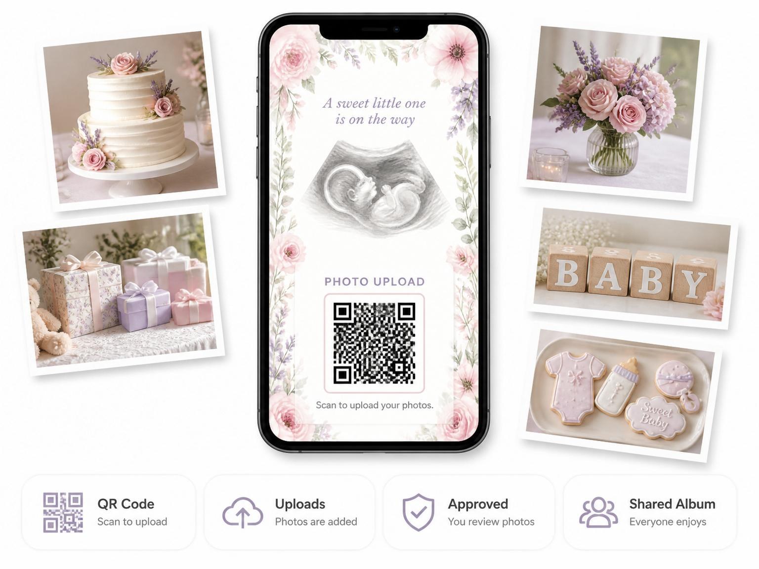 The shared photo gallery that comes with the Watercolor Floral Ultrasound Baby Shower invitation