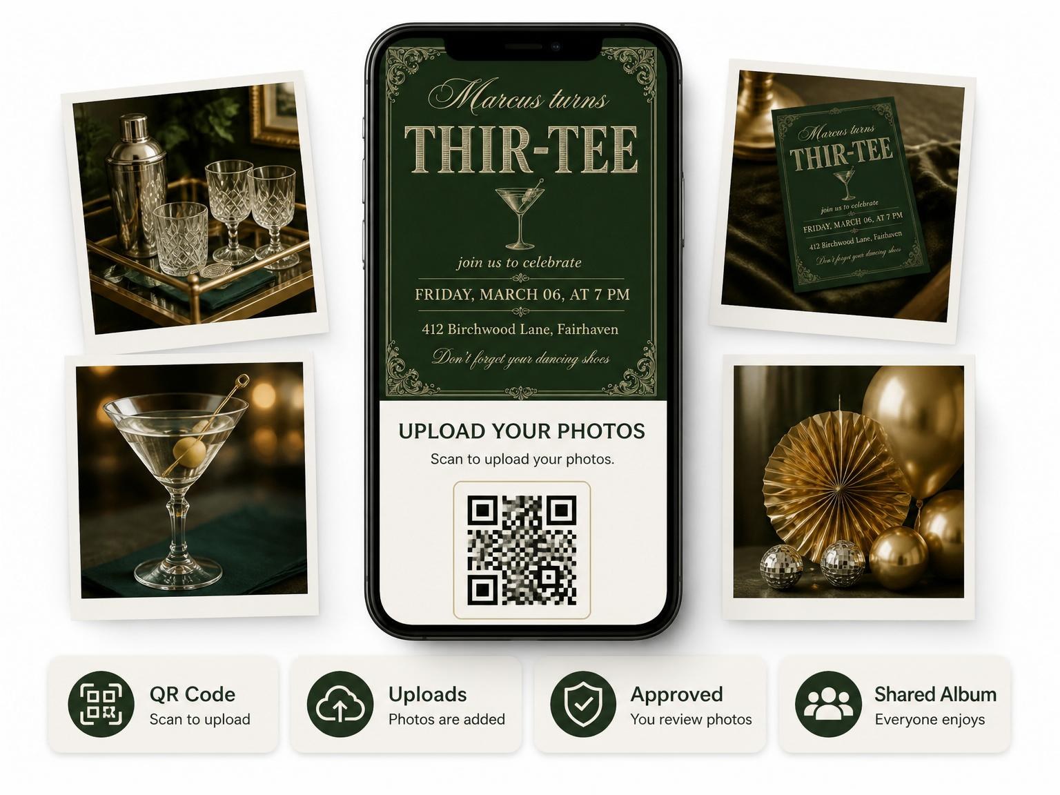 The shared photo gallery that comes with the Gold Martini Forest 30th Birthday Invitation invitation