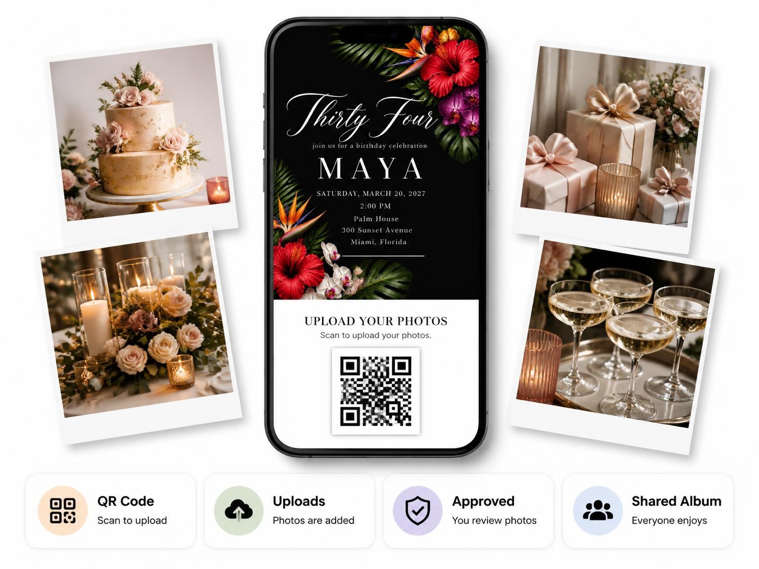 The shared photo gallery that comes with the Black Floral 34th Birthday Invitation invitation