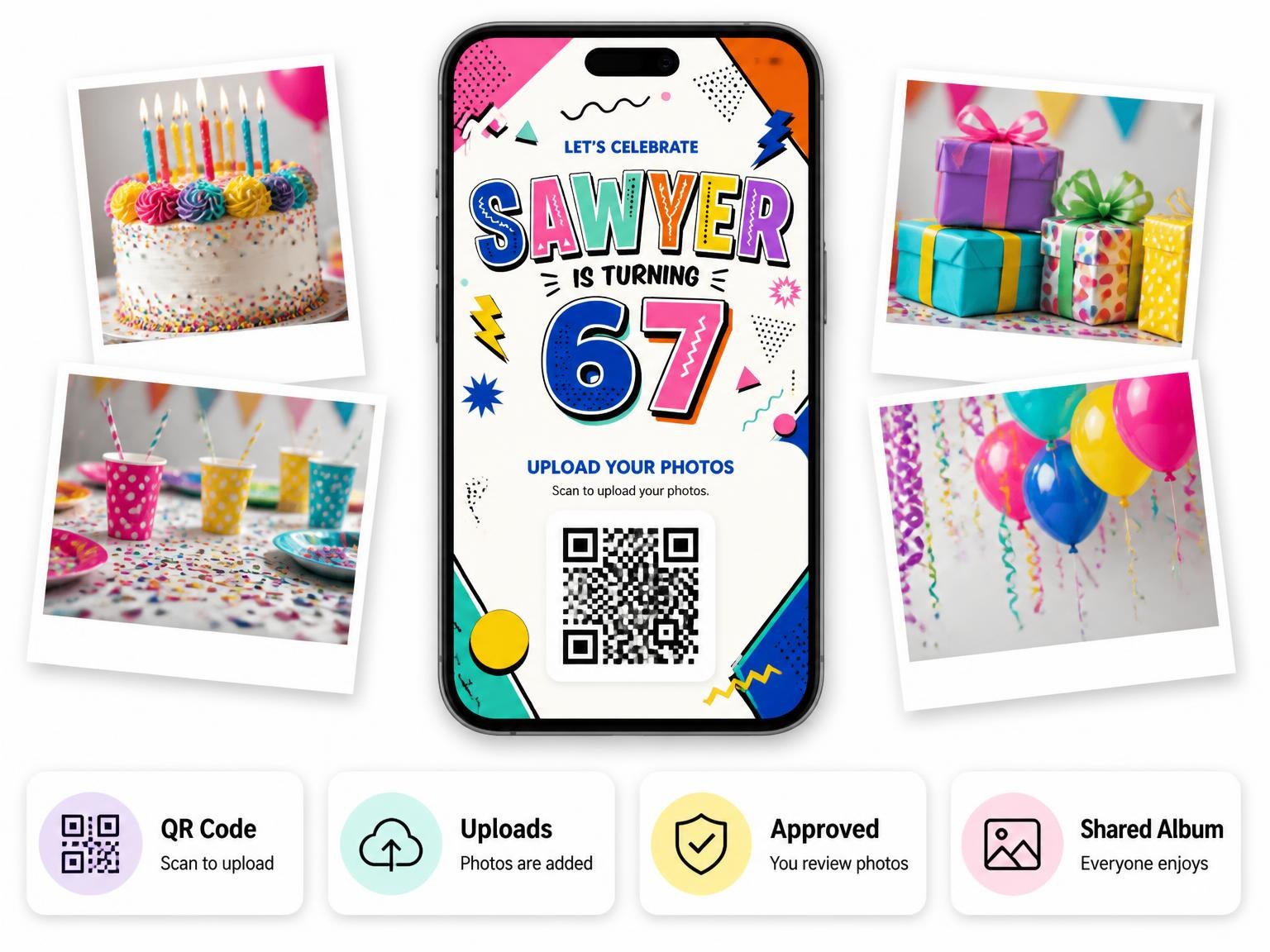 The shared photo gallery that comes with the Memphis Pop 67th Birthday Invitation invitation