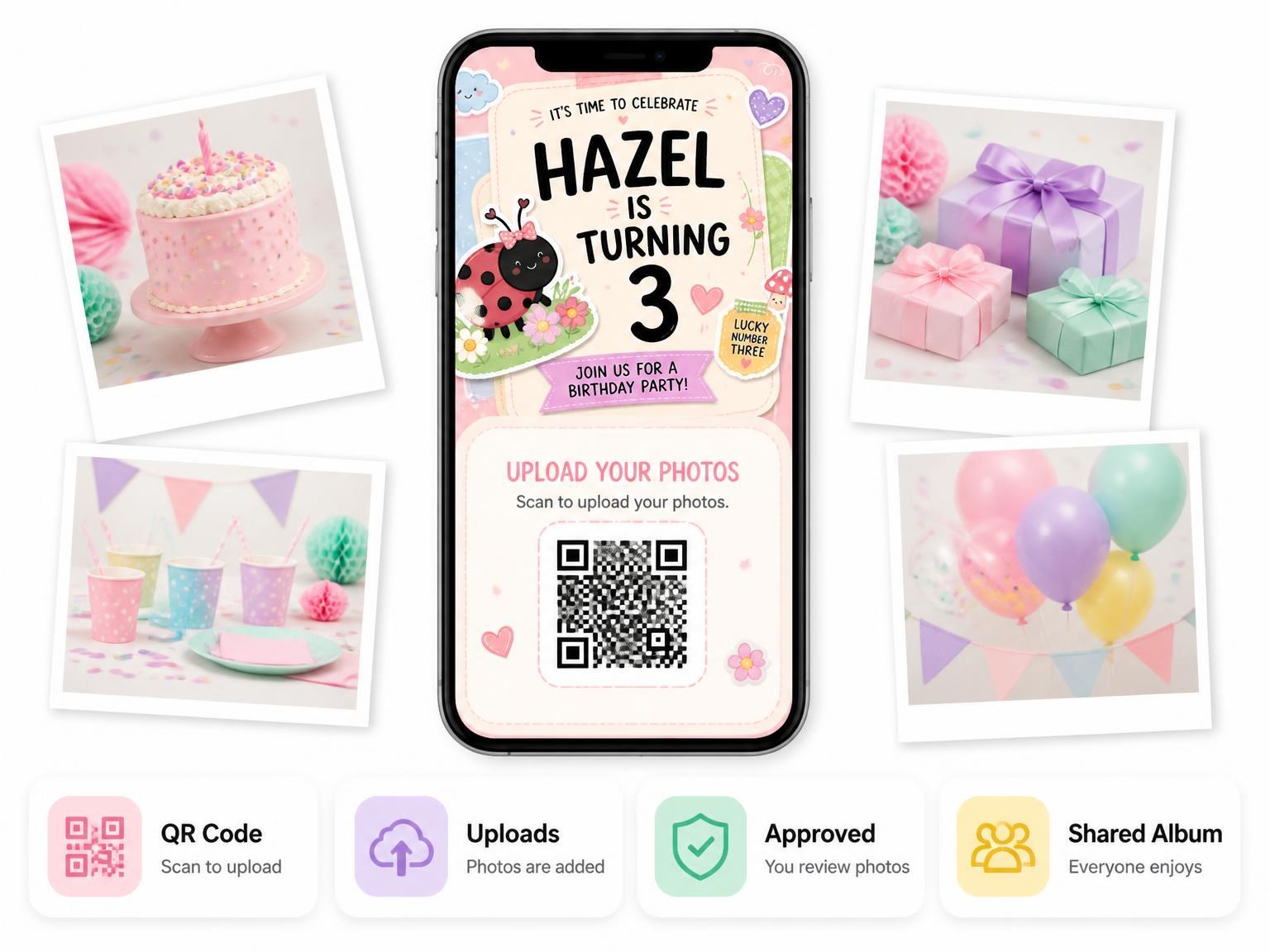 The shared photo gallery that comes with the Ladybug Pastel 3rd Birthday Invitation invitation
