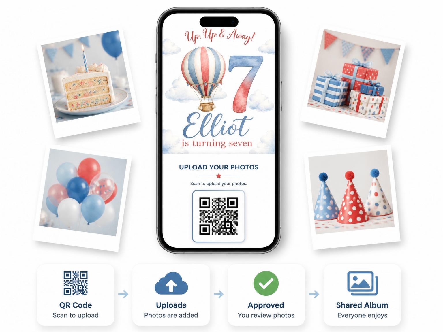 The shared photo gallery that comes with the Watercolor Hot Air Balloon 7th Birthday invitation