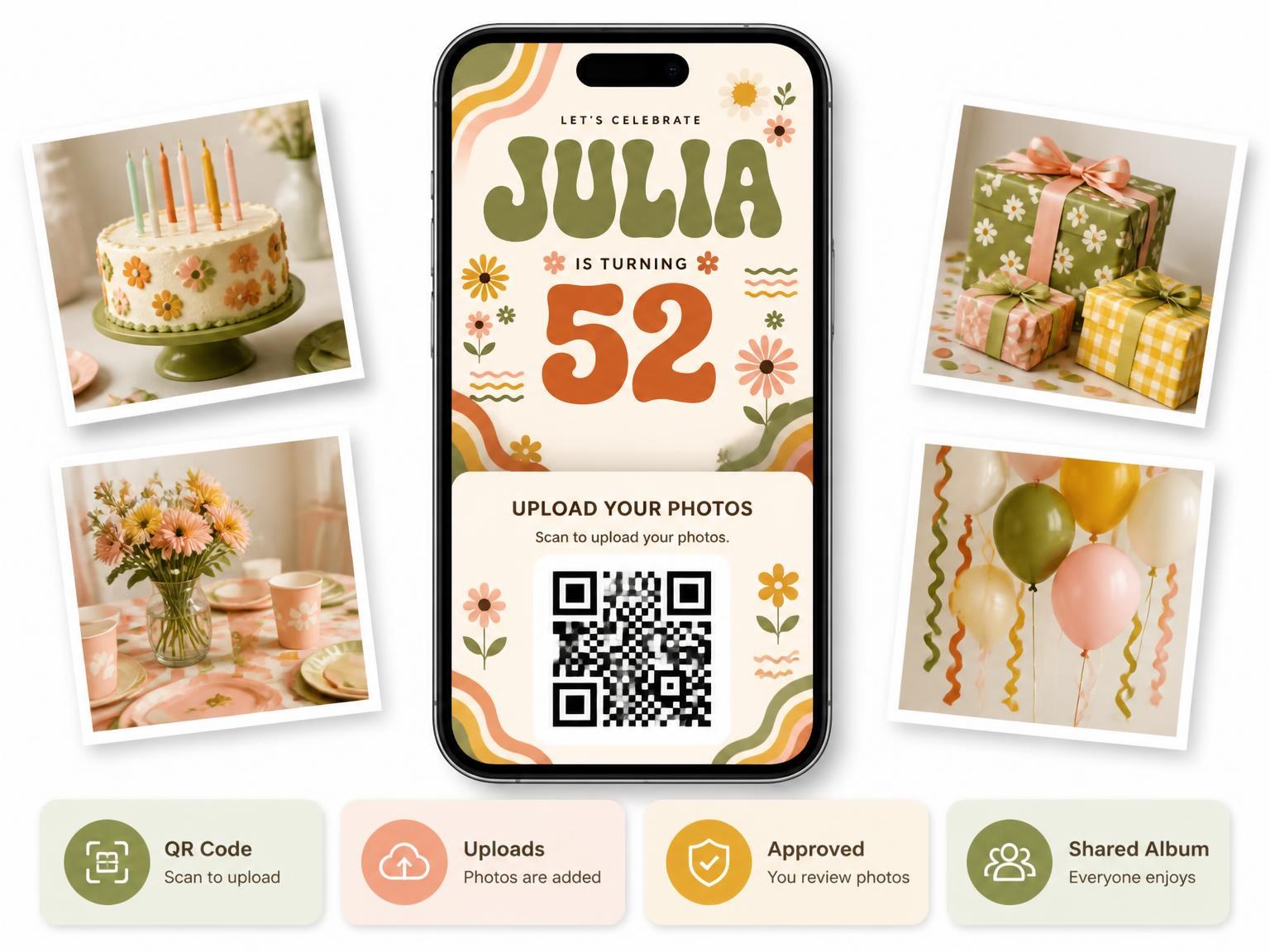 The shared photo gallery that comes with the Groovy Retro 52nd Birthday Invitation invitation
