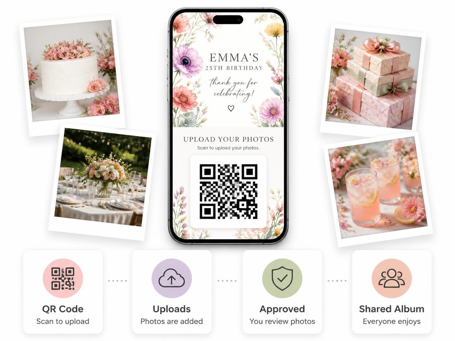 The shared photo gallery that comes with the Pastel Floral Meadow 25th Birthday Invitation invitation