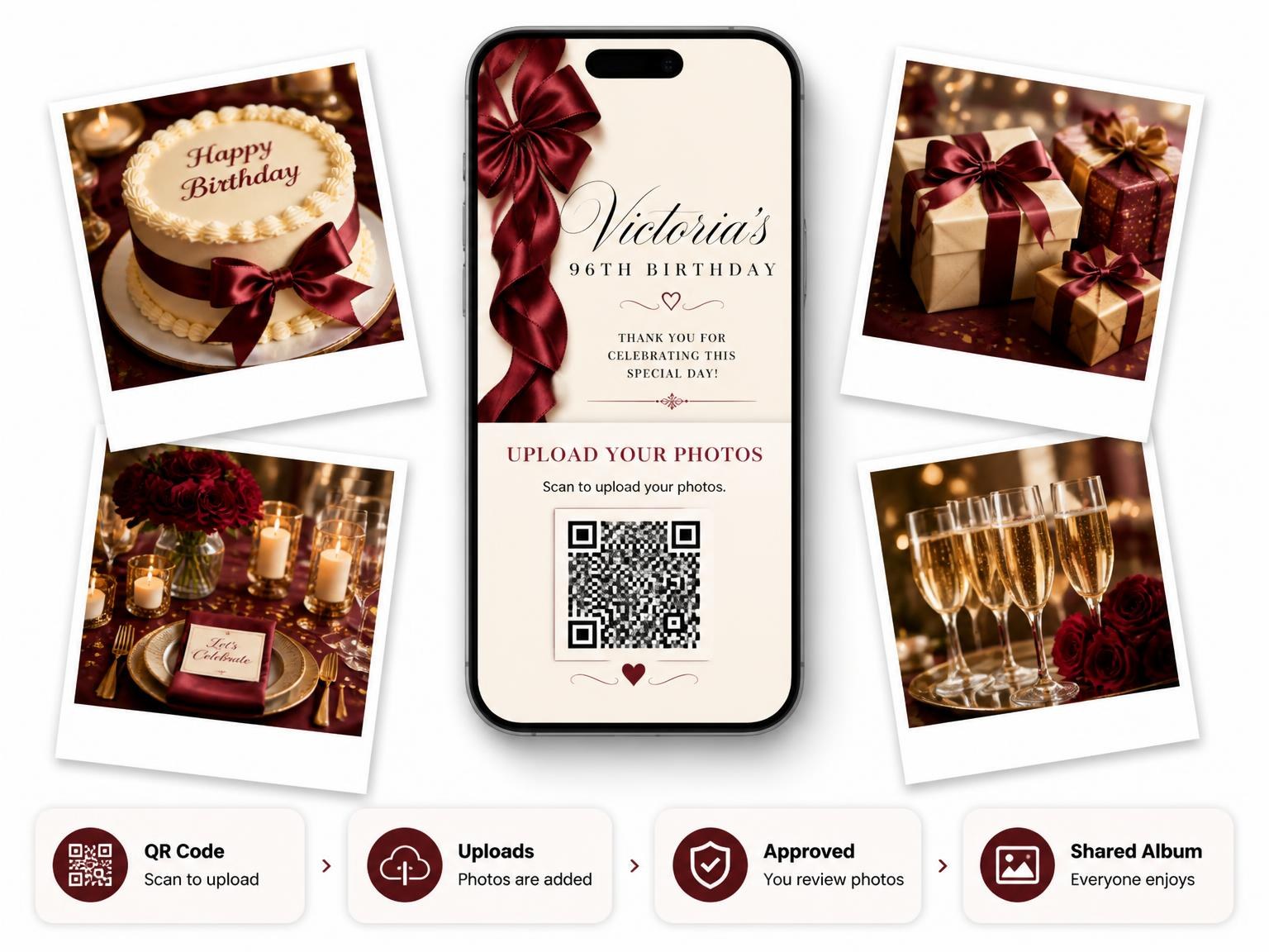The shared photo gallery that comes with the Burgundy Satin Bow 96th Birthday Invitation invitation