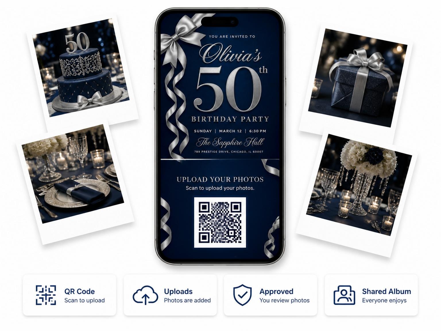 The shared photo gallery that comes with the Navy Silver Ribbon 50th Birthday invitation