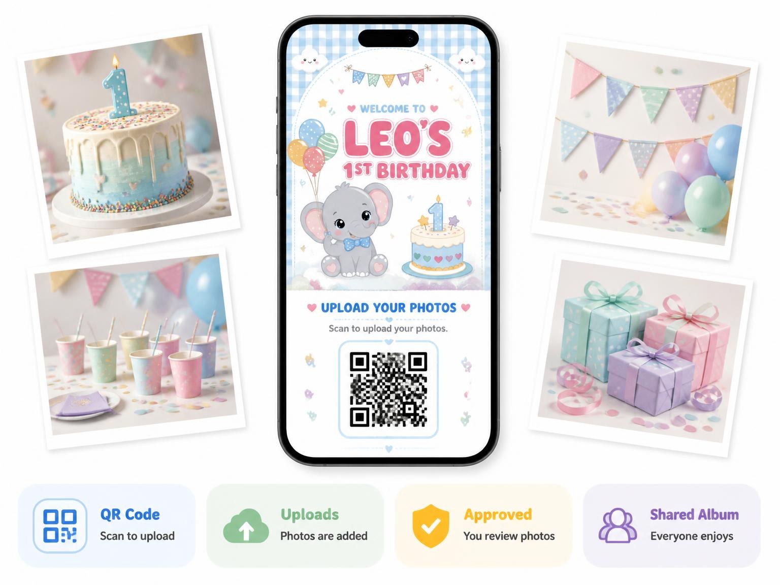 The shared photo gallery that comes with the Balloon Bunch Kawaii 1st Birthday Invitation invitation
