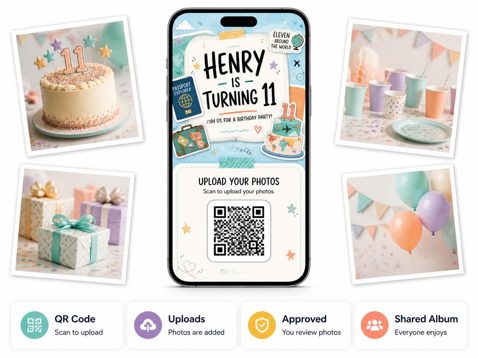 The shared photo gallery that comes with the Passport Booklet 11th Birthday Invitation invitation