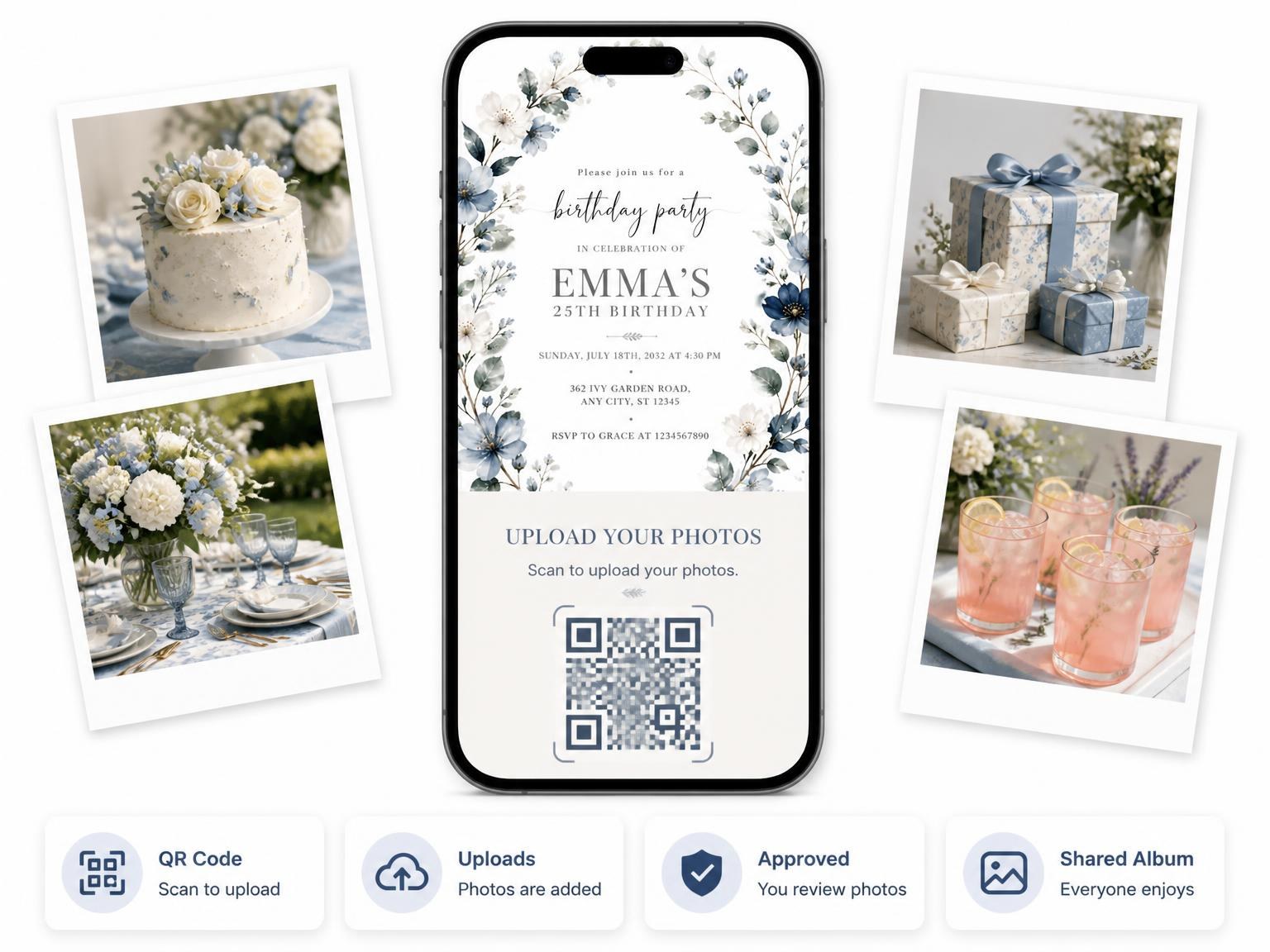 The shared photo gallery that comes with the Dusty Blue Floral Wreath 25th Birthday Invitation invitation