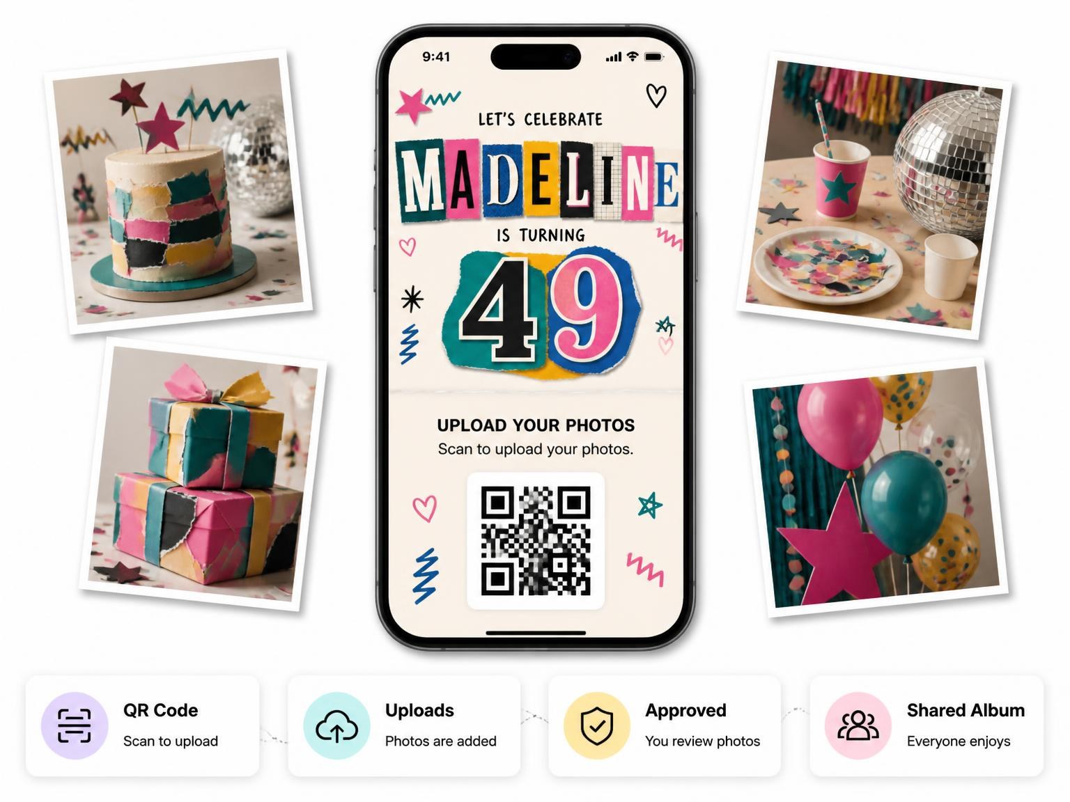 The shared photo gallery that comes with the Retro Paper Collage 49th Birthday Invitation invitation