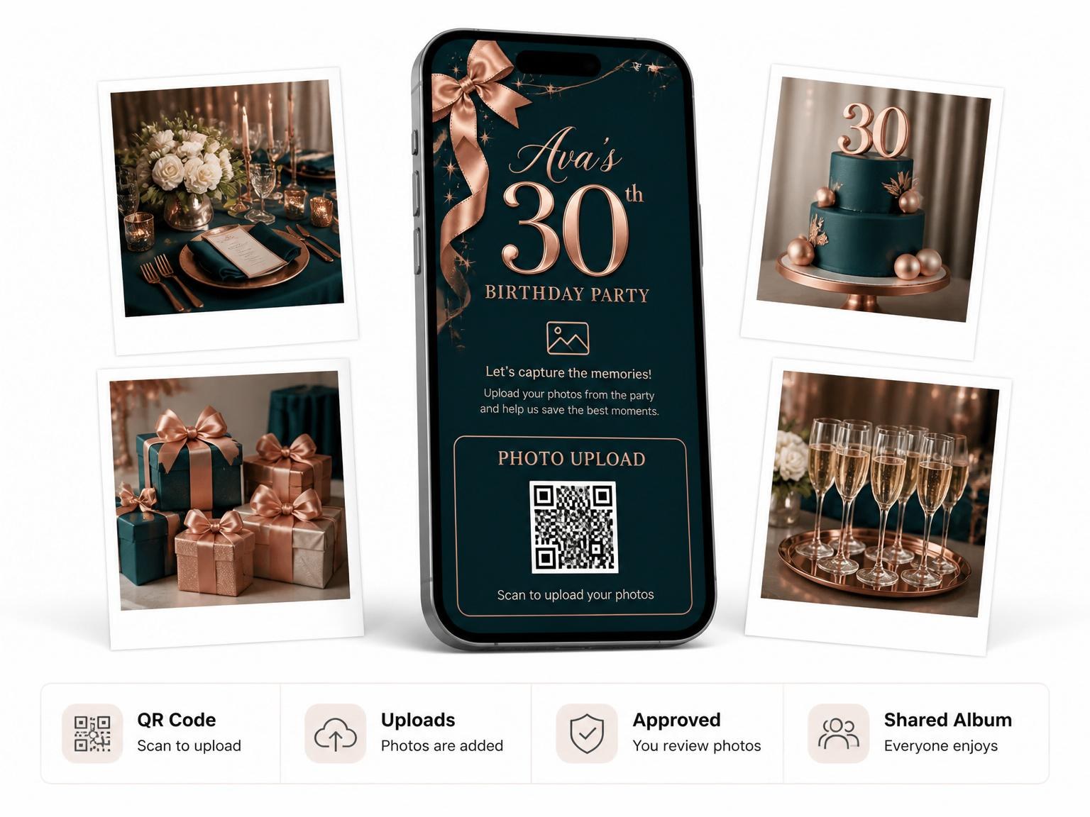The shared photo gallery that comes with the Rose Gold Ribbon 30th Birthday invitation