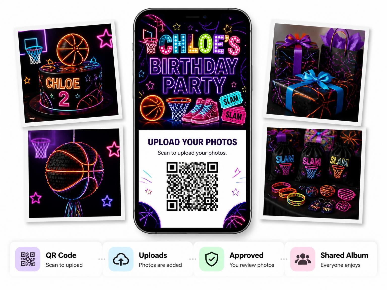 The shared photo gallery that comes with the Neon Basketball 2nd Birthday Invitation invitation