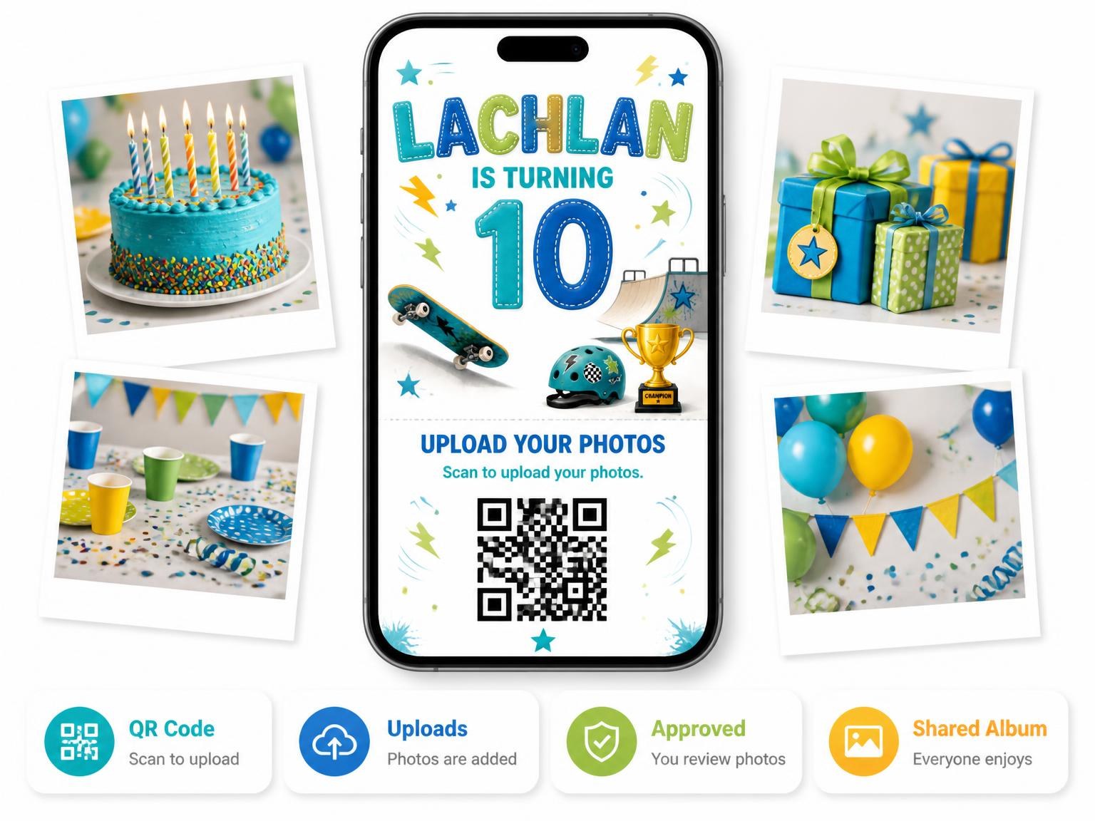 The shared photo gallery that comes with the Skate Half Stitched 10th Birthday Invitation invitation
