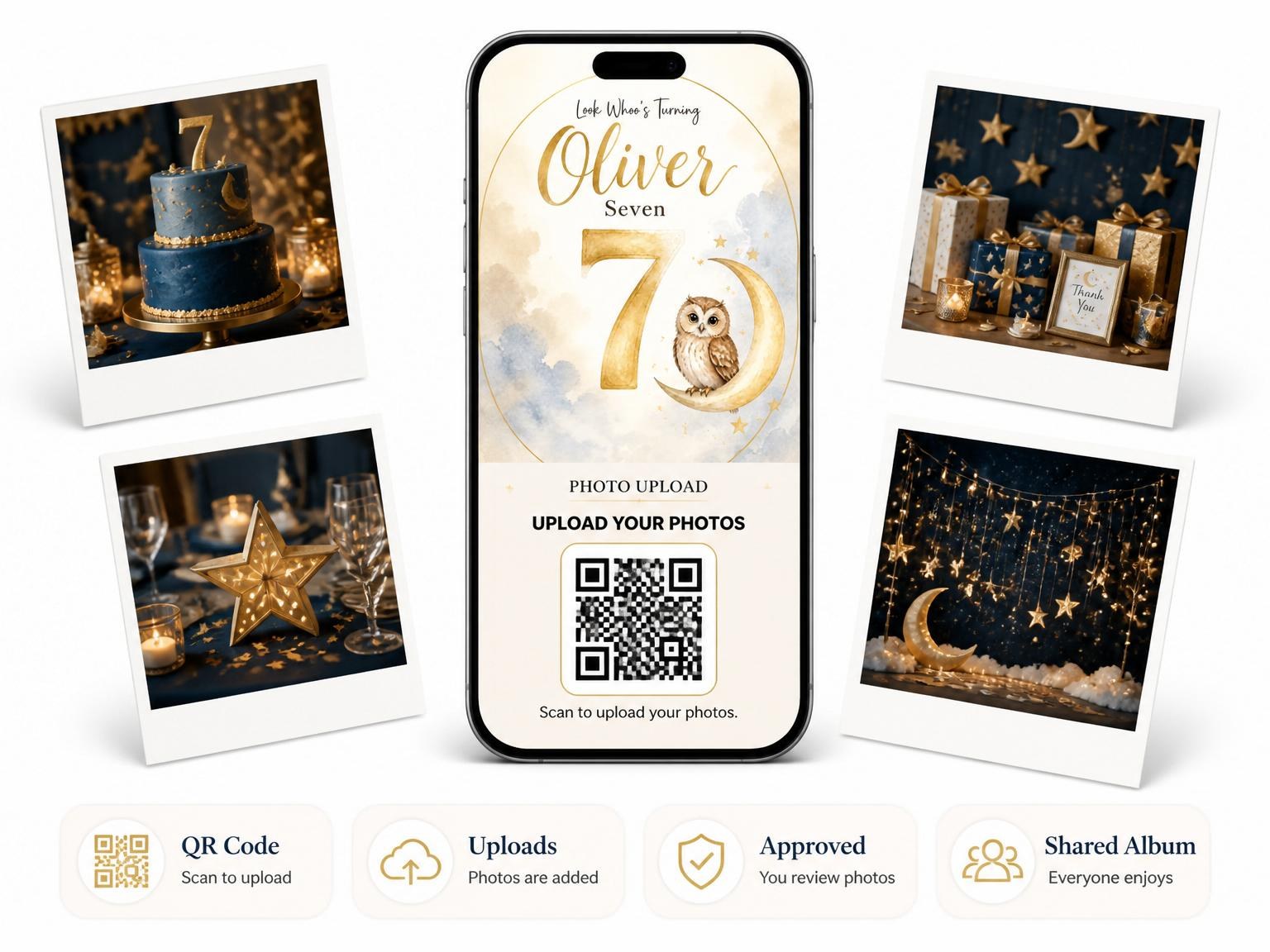 The shared photo gallery that comes with the Watercolor Crescent Moon Owl 7th Birthday invitation