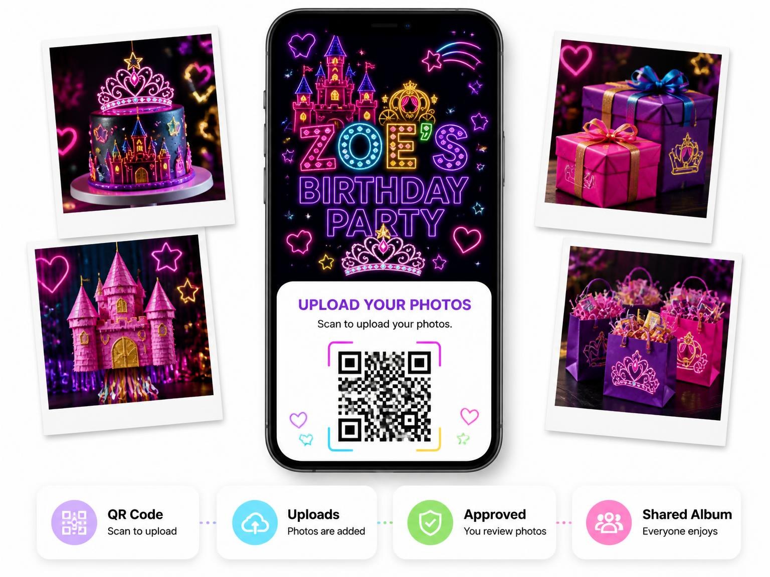 The shared photo gallery that comes with the Neon Princess 17th Birthday Invitation invitation