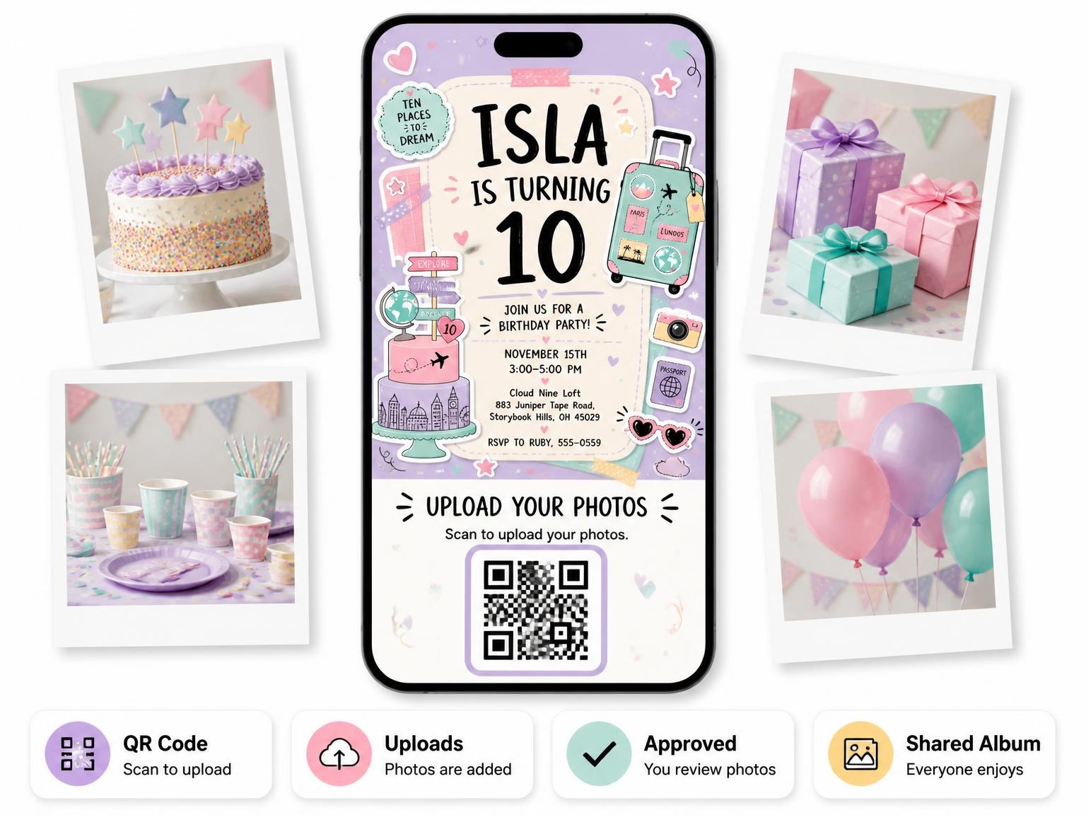 The shared photo gallery that comes with the Travel Suitcase Pastel 10th Birthday Invitation invitation