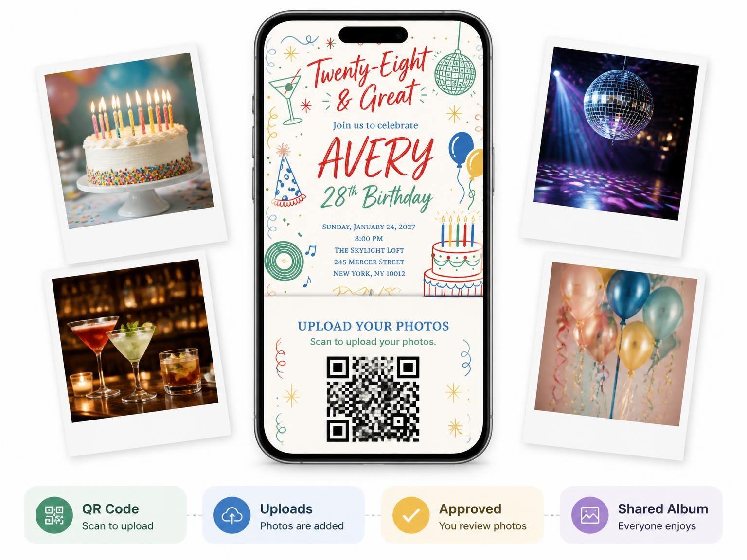 The shared photo gallery that comes with the Retro Doodle 28th Birthday Invitation invitation