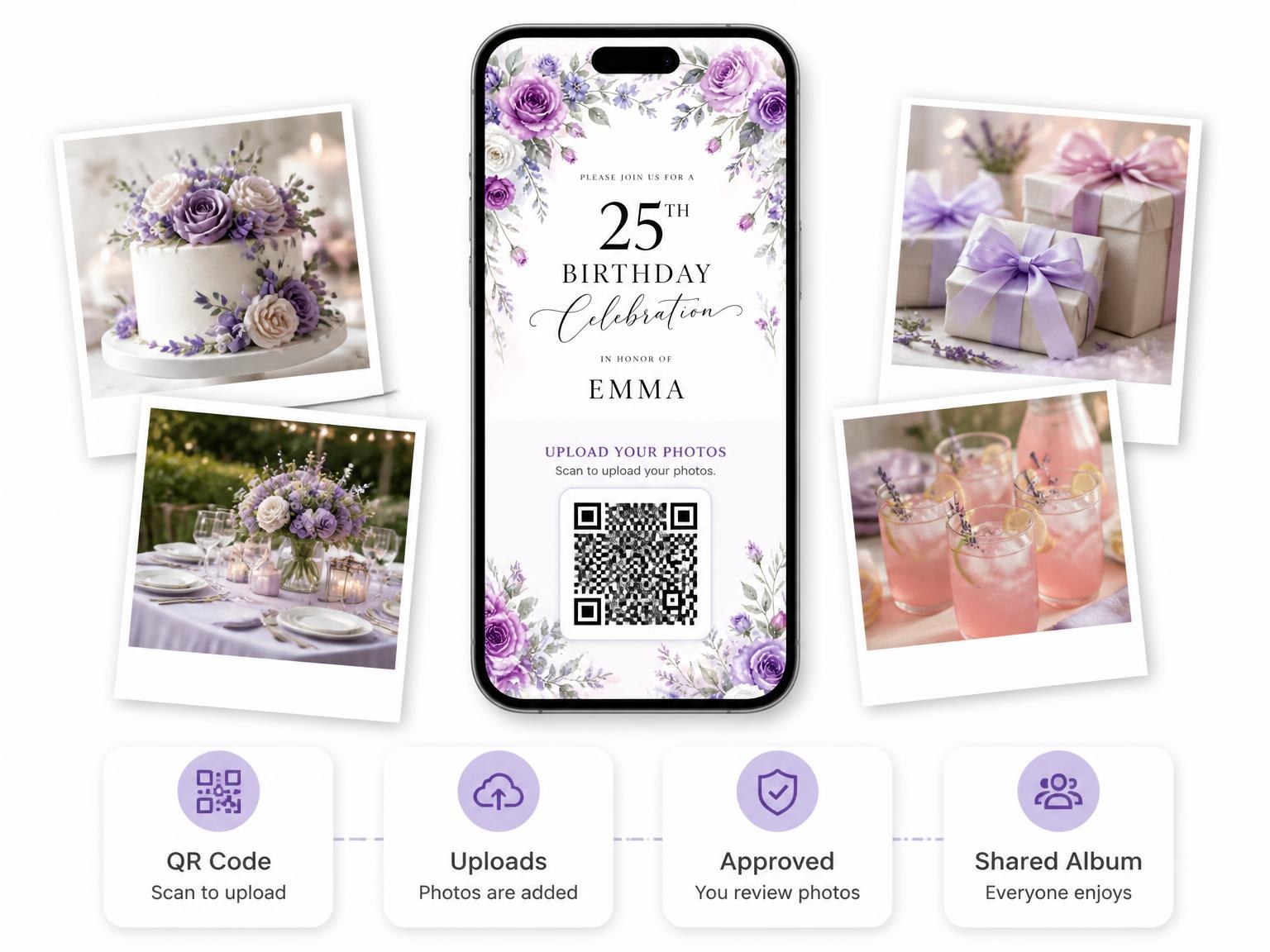 The shared photo gallery that comes with the Lavender Rose Floral 25th Birthday Invitation invitation