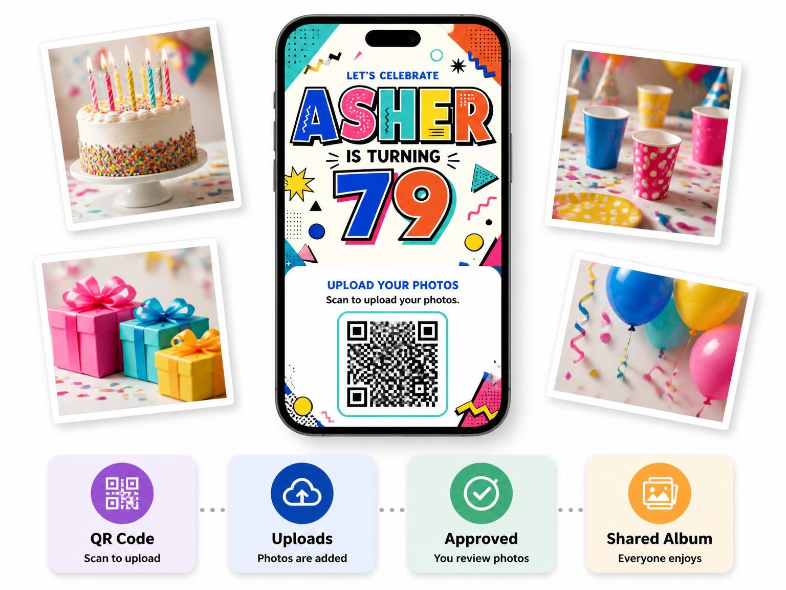 The shared photo gallery that comes with the Memphis Pop 79th Birthday Invitation invitation