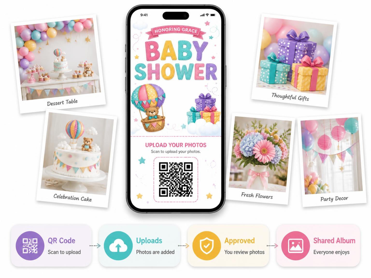 The shared photo gallery that comes with the Hot Air Baby Shower Invitation invitation