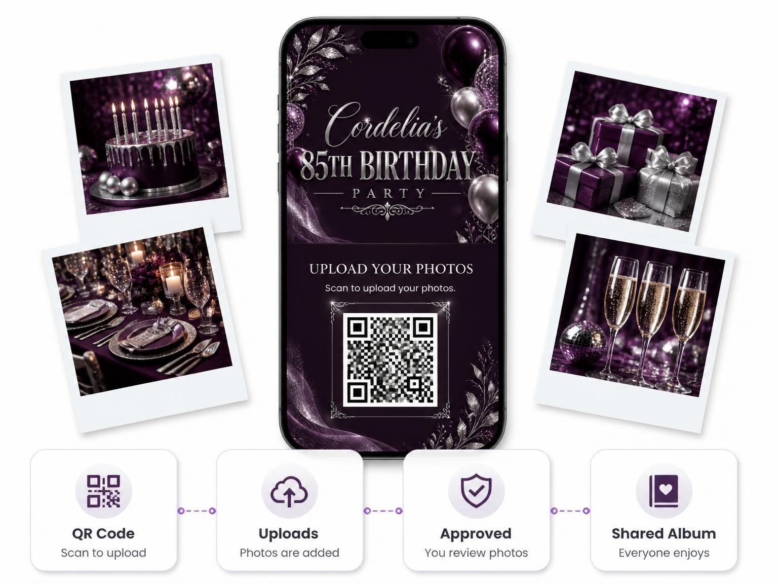 The shared photo gallery that comes with the Plum and Silver 85th Birthday Invitation invitation