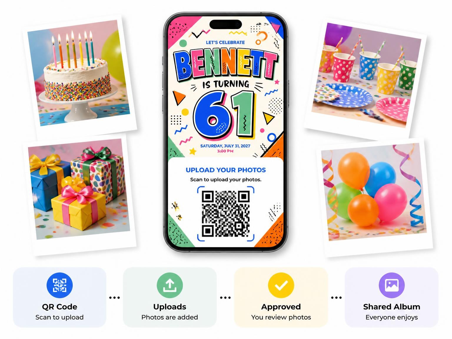 The shared photo gallery that comes with the Memphis Pop 61st Birthday Invitation invitation