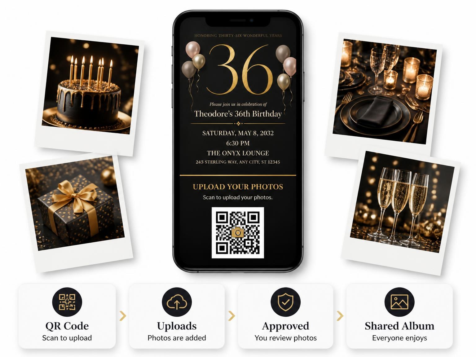 The shared photo gallery that comes with the Charcoal and Blush 36th Birthday Invitation invitation