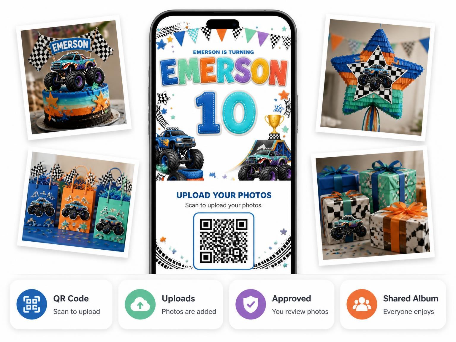The shared photo gallery that comes with the Stitched Monster Truck 10th Birthday Invitation invitation