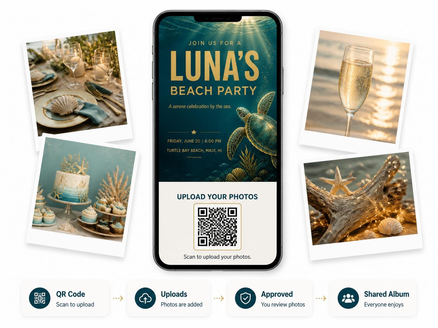 The shared photo gallery that comes with the Teal Sea Turtle Beach Party invitation