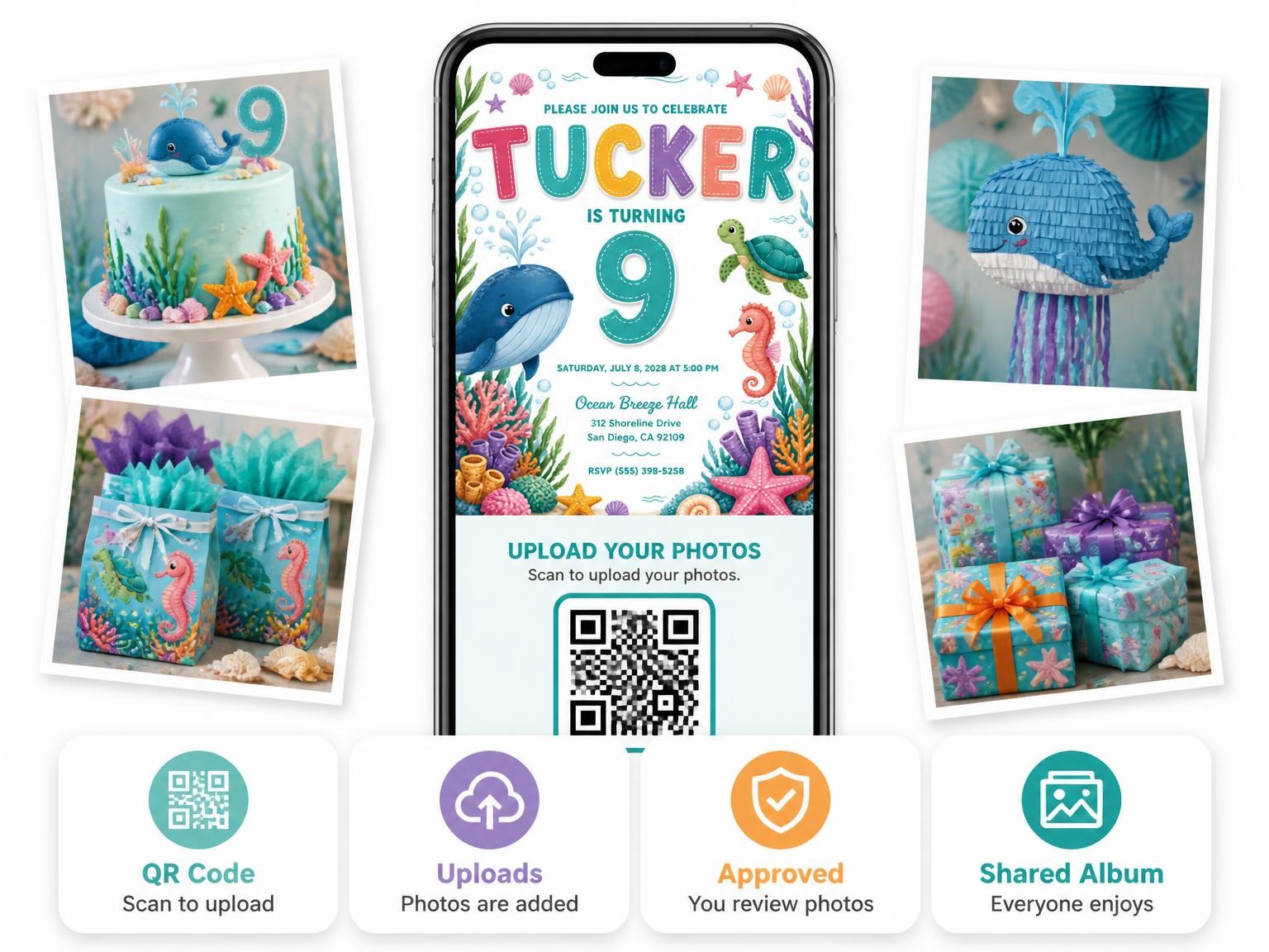 The shared photo gallery that comes with the Stitched Under the Sea 9th Birthday Invitation invitation