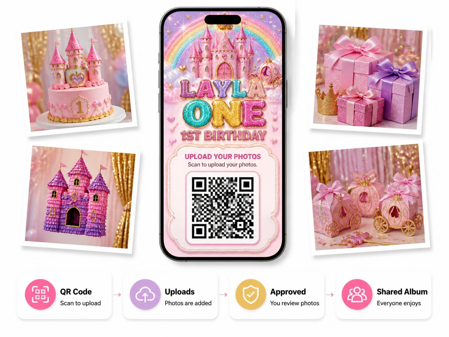 The shared photo gallery that comes with the Glitter Princess Castle 1st Birthday Invitation invitation